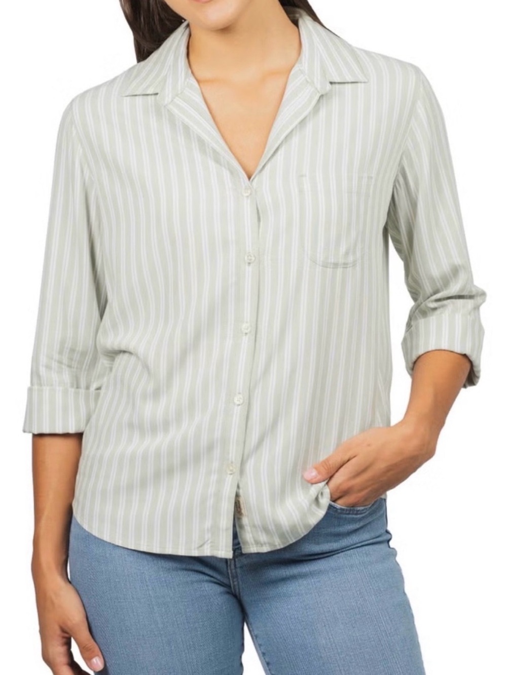 JACHS Girlfriend Sage Green Striped Button-Down Shirt